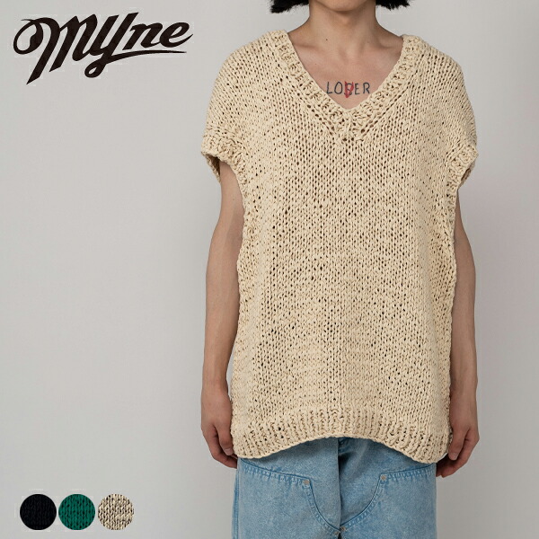 Shoelace Knitted Vest Myne マイン G10VT002 シューレスニットベスト ニットベスト メンズ レディース vネック ブランド おしゃれ ノースリーブ カジュアル 無地 シンプル 手編み コットン 100% ブラック 黒 グリーン 緑 ホワイト 白 2026 春 春夏 夏｜TTClub