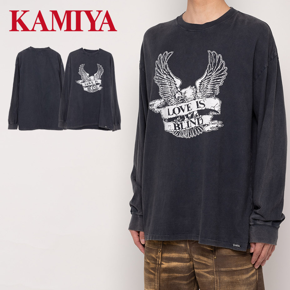 KAMIYA カミヤ \"EAGLE\"" Breached Long Sleeve T-shirt G13LT075 ロンT ロングプルオーバー tプルオーバー 長袖 綿100％ 今めかしい ゆったり 好いたらしい 愛くるしげ メンズ レディース ブランド名 心地よい 刷り上げる ブリーチ ウォッシュ産業 ヴィンテージライク 黒いこと 黒 2026 春 春夏 夏"