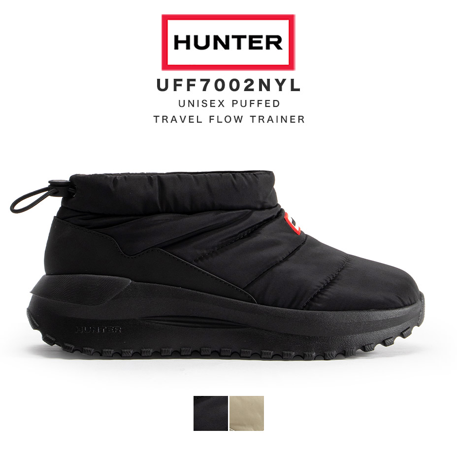 狩り人 hunter ブーツ メンズ レディース ユニ一発やる パフド 周遊 流出 調教師 UNISEX PUFFED TRAVEL FLOW TRAINER スリッポン スノーブーツ 遊撃手ブーツ 耐水 保温 ブランド名 今めかしい 撥水 雨合羽 黒いこと 黒 シューズ 靴 UFF7002NYL 2026 春 春夏 夏