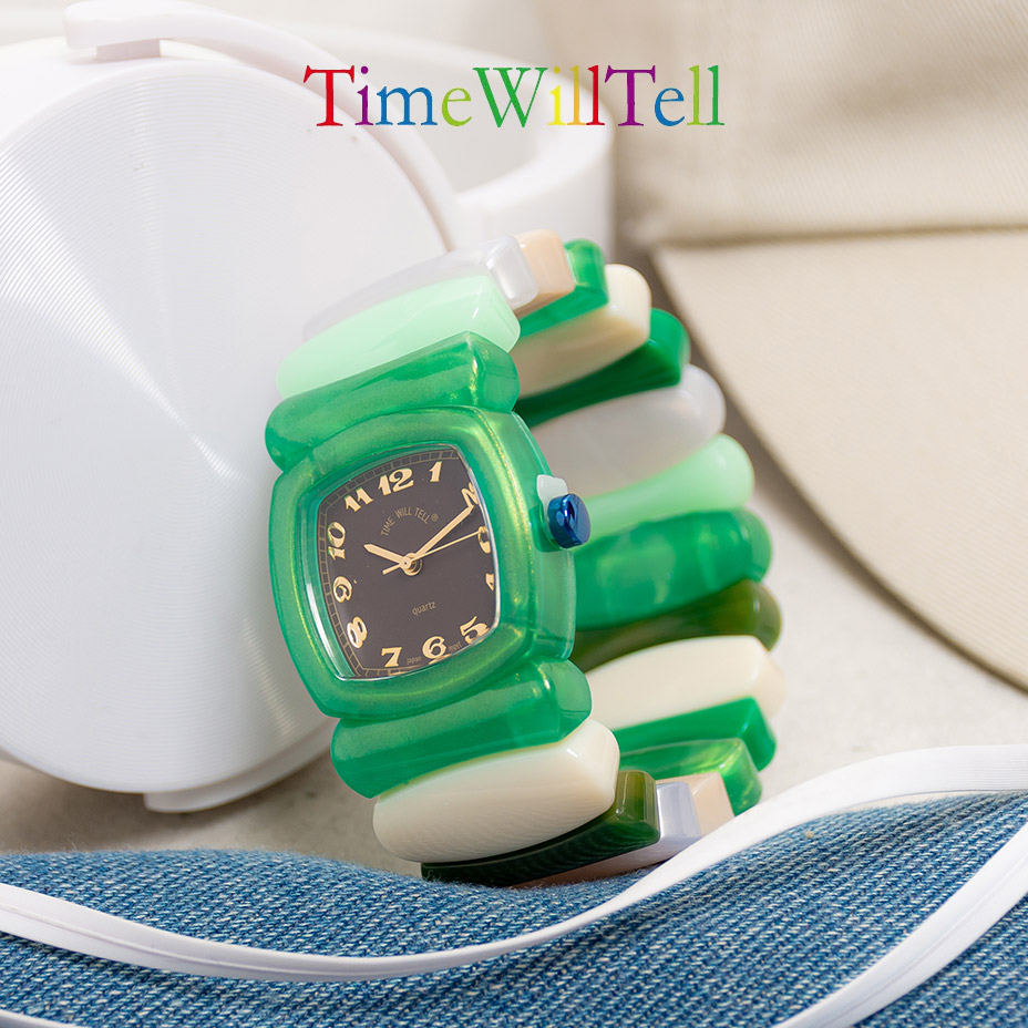 time will tell 腕時計 タイムウィルテル レディース メンズ 見やすい 電池式 アナログ ウォッチ おしゃれ かわいい オシャレ 可愛い 男女兼用 時計 通すだけ トノー型 日本製ムーブメント バングルウォッチ バングル 伸びる バンド ゴムバンド 文字盤 見やすい