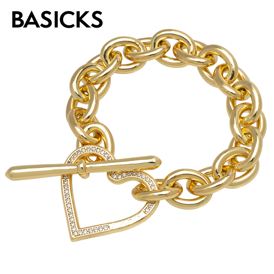 BASICKS ベイシックス Heart Link Flow Bracelet a-AC26 腕輪 メンズ レディース ブランド名 今めかしい かっこいい 好いたらしい 愛くるしげ 金管楽器 チェーン店 ハート型 酸化ジルコニウム マンテル 佩び物 ユニ一発やる ゴールド 金 しろがね色 銀