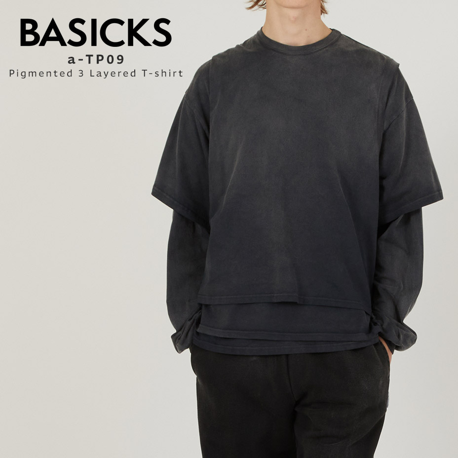 BASICKS ベイシックス Pigmented 3 Layered T-shirt a-TP09 ピグメント レイヤード Tシャツ レディース メンズ 長袖 半袖 無地 ロンT 綿100 カットソー カジュアル ブランド おしゃれ かわいい 可愛い ブラック 黒｜TTClub