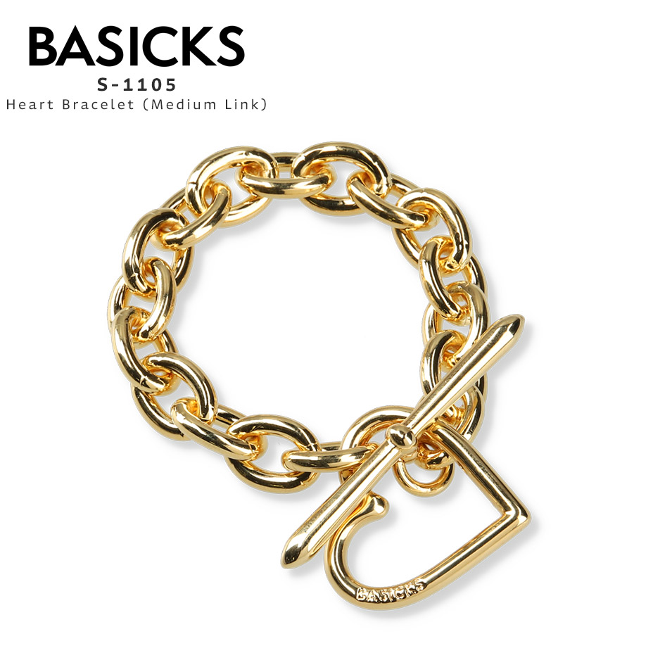 BASICKS ベイシックス Heart Bracelet Medium Link S-1105 腕輪 メンズ レディース ブランド名 今めかしい かっこいい 好いたらしい 愛くるしげ 金管楽器 チェーン店 ハート形 マンテル 添え物 ユニ一発やる ゴールド 金 しろがね色 銀