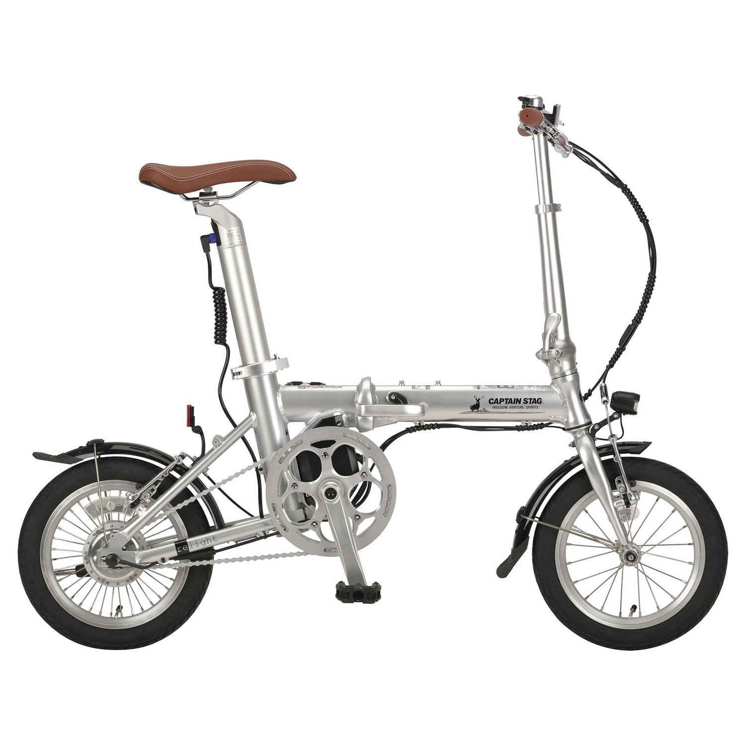 キャプテンスタッグ 電動アシスト自転車 eリライト 14インチ 折りたたみ自転車 アルミフレーム/重量約15.0kg /前後V型ブレーキ/SHIMANO製パワーモジュレーター/前後フルカバー樹脂製フェンダー/バッテリー給電LEDライト AL-FDB シルバー YG-1540画像