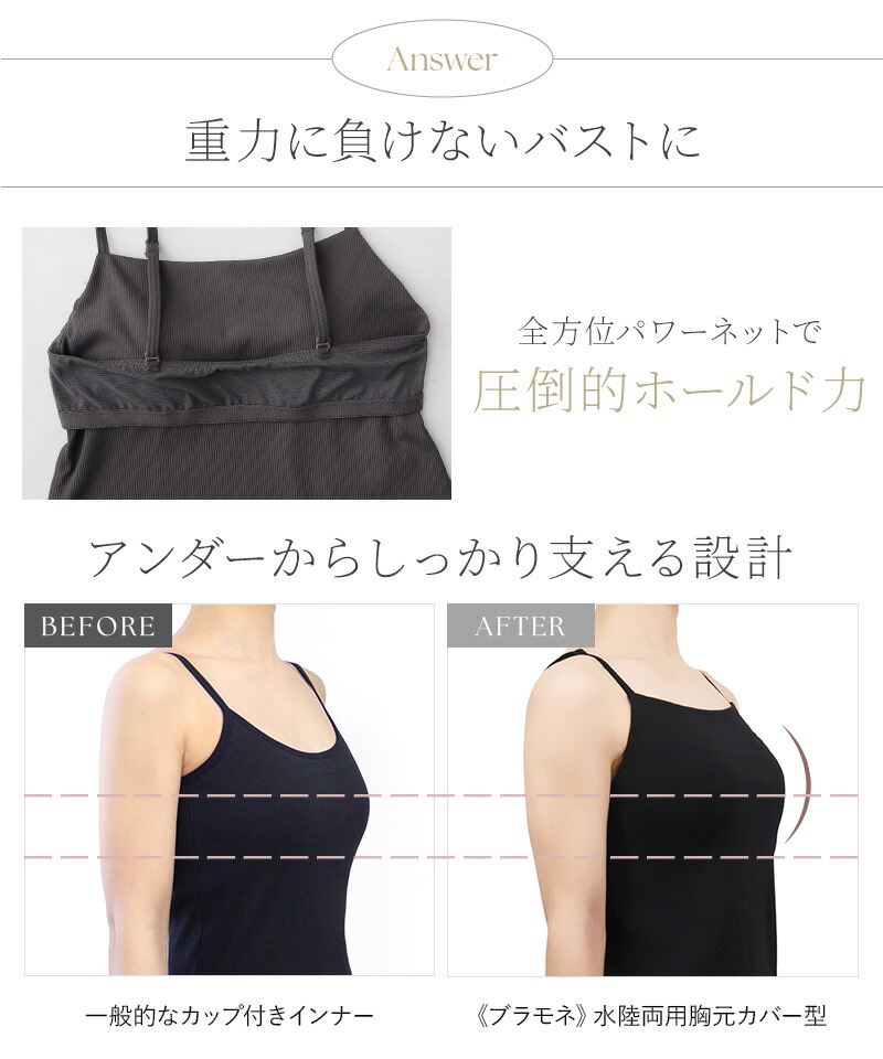 ラッシュガードのインナーに 水陸両用ブラトップ胸元カバー型&お揃いショーツ《BRAmone Basic Natural》上下セット 単品 ノンワイヤー タンキニ ラッシュガード インナー 水着 体型カバー キャミ【tu-hacci】
