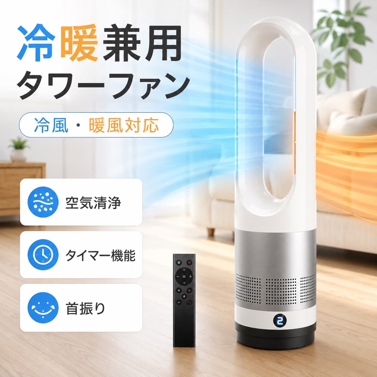 羽根なし扇風機 冷暖兼用 タワーファン 1台4役 空気清浄機 サーキュレーター セラミックヒーター 冷風 温風 自動首振り リモコン付き 切タイマー 静音 風量調節 転倒・過熱自動オフ お手入れ簡単 省スペース 空気循環 リビング 寝室 部屋干し｜TUオンラインショップ