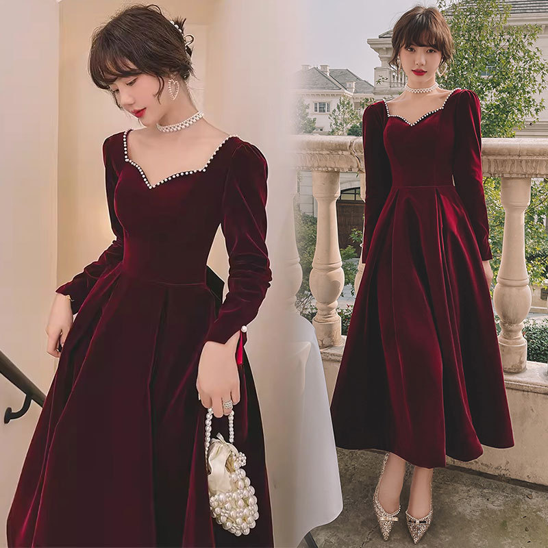 結婚式ドレス イブニングドレス ロングドレス ワイン赤 ベロア ベルベット Vネック パール リボン 長袖 Aライン S M L 2L 3L 4L 可愛い オシャレ ゲストドレス パーティードレス フォーマル 二次会ドレス 成人式ドレス 同窓会 秋 冬 送料無料