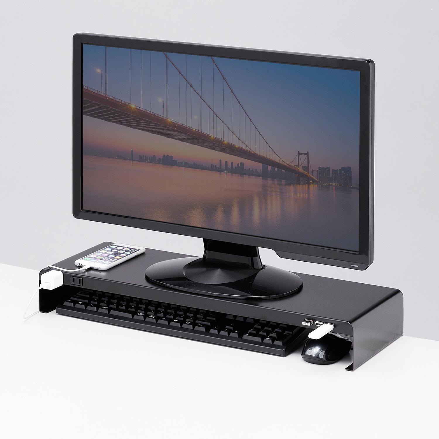 【送料無料】サンワサプライ 電源タップ+USBポート付き机上ラック W600×D200mm ブラック MR-LC202BKN