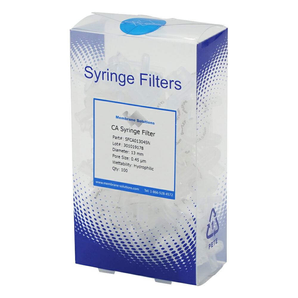 ★ポイント最大16倍★【全国配送可】-シリンジフィルター（親水性）CA φ13mm/φ0.45μm 1箱（100個入） Membrane Solutions 型番 CA013045  JAN 4580255601482 aso 1-1383-02  ●在庫品 納期約 3営業日-【医療・研究機器】