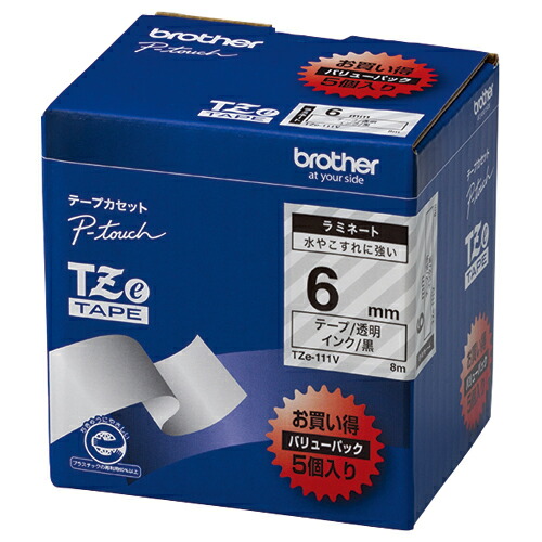 ★ポイント最大14倍★-ato6535-1406 ピータッチ用TZeテープカセット 透明ラベル・黒文字 6mm幅 5本入 1パック(5本入) 65351406 ブラザー TZE-111V -