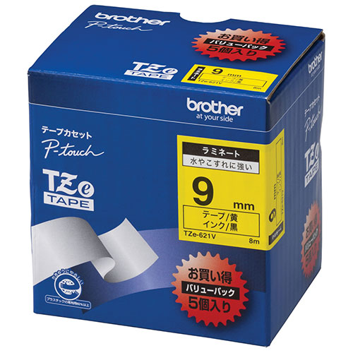 ★ポイント最大16倍★【全国配送可】-文字テープ TZe-621V黄に黒文字 9mm 5個　ブラザー 品番 TZe-621V jtx 383876-【ｼﾞｮｲﾝﾃｯｸｽ・JOINTEX】JAN 4977766702270