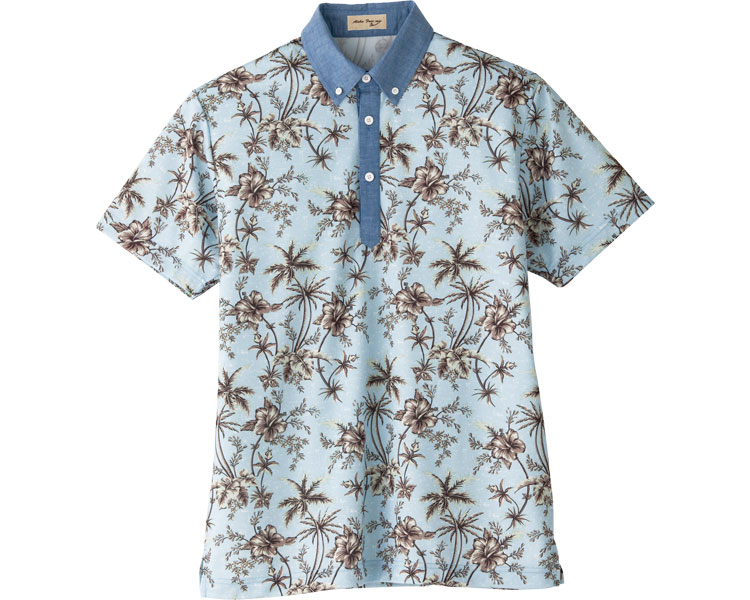 ★ポイント最大16倍★【全国配送可】-アロハプリントポロシャツ FB4524U-7　ブルー　L ボンマックス　JAN 4544316314728 kt375490 取寄品 衣類 ユニフォーム トップ-【介護福祉用具】