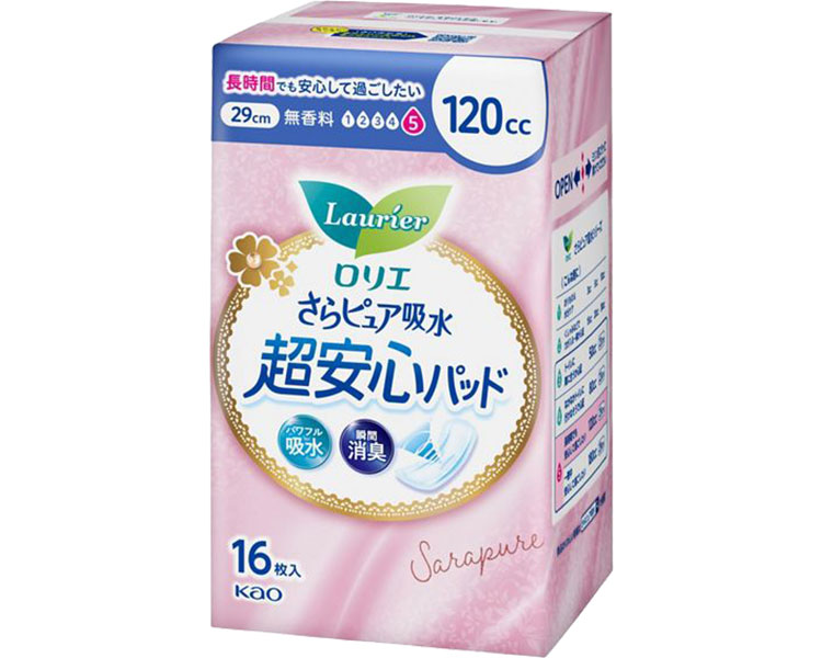 ★ポイント最大16倍★【全国配送可】-ロリエさらピュア吸水超安心パッド　120cc 16枚 花王　JAN 4901301432841 kt520736 取寄品 排泄関連 紙おむつ 軽失禁パッド-【介護福祉用具】