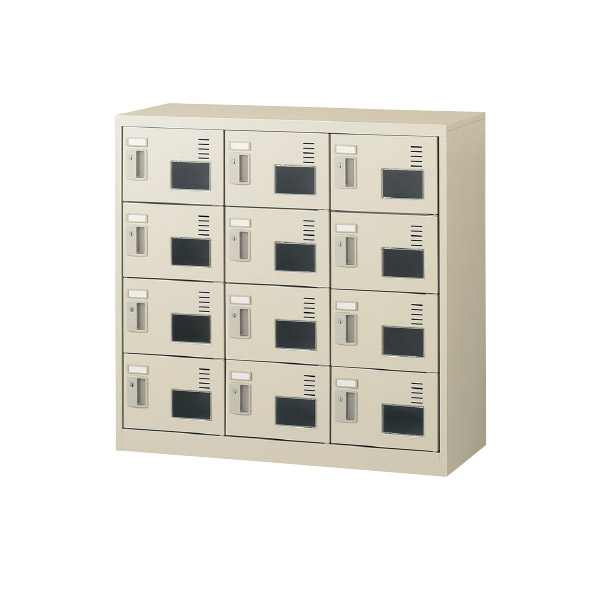 ★ポイント最大16倍★【通販限定価格】-SLC-M12W (錠付) 窓付き 3列4段12人用シューズボックス 【コード55603】 下駄箱 スチール 新品 完成品 日本製 幅900mm奥行380mm高さ880mm-【送料込み・配送エリア限定商品】 t-skf0252｜【文具の月島堂】店