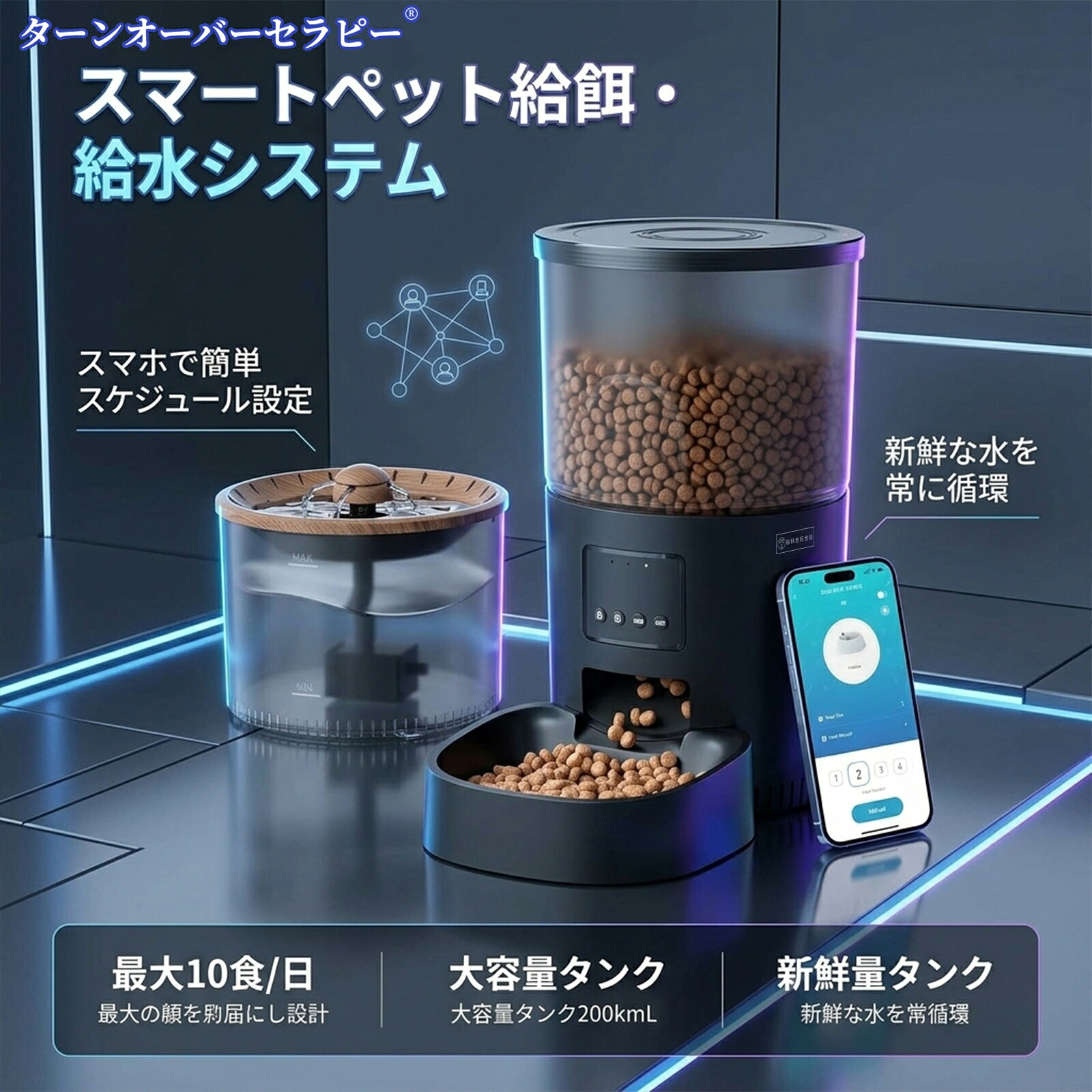 WI-FI連動型 5G対応 自動給餌器 猫 給水器一体 【2025新モデル】 3L容量 2WAY給電 手動給餌 自動餌やり機 操作簡単 お手入れ簡単 1日6食 ホワイト|ターンオーバーセラピー