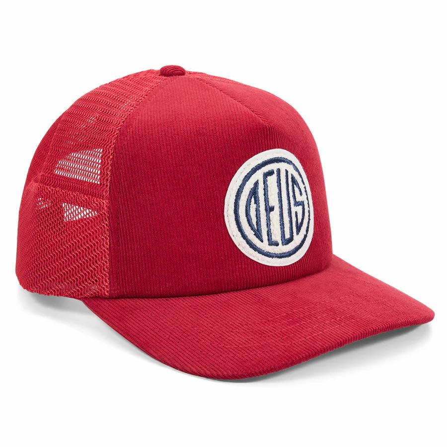 DEUS EX MACHINA ( デウスエクスマキナ ) / メッシュキャップ 帽子 / PILL CORD TRUCKER - RIBBON RED / DMF257538 / メンズ レディース レッド 赤 メッシュ コーデュロイ ピルロゴ 定番 大人気