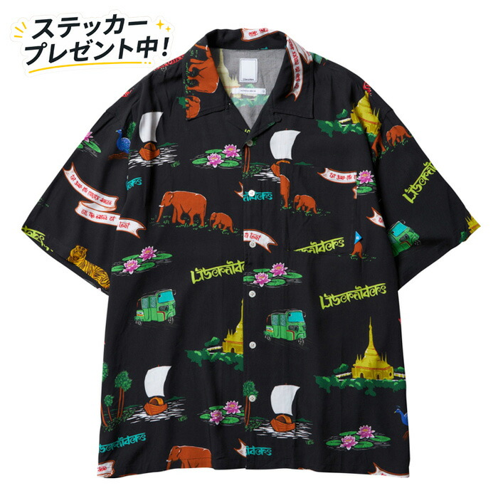 ステッカープレゼント！ LIBERAIDERS(リベレイダース) / アロハシャツ / RAYON ALOHA SHIRT - BLACK / 702022401 / メンズ ブラック 黒 リゾート 花 動物 ロゴ｜タータスストアー大阪