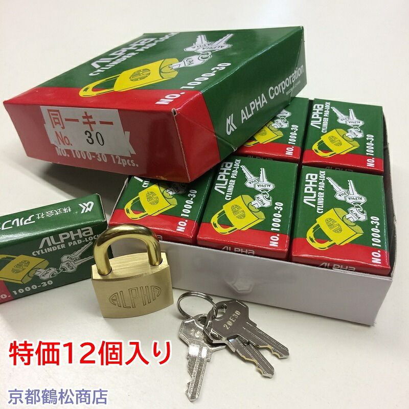 特価１２個入り口・入口 アルファ 南京錠【1000-30 同一足懸かり 20E30(No30) 足懸かり3本付】×１２