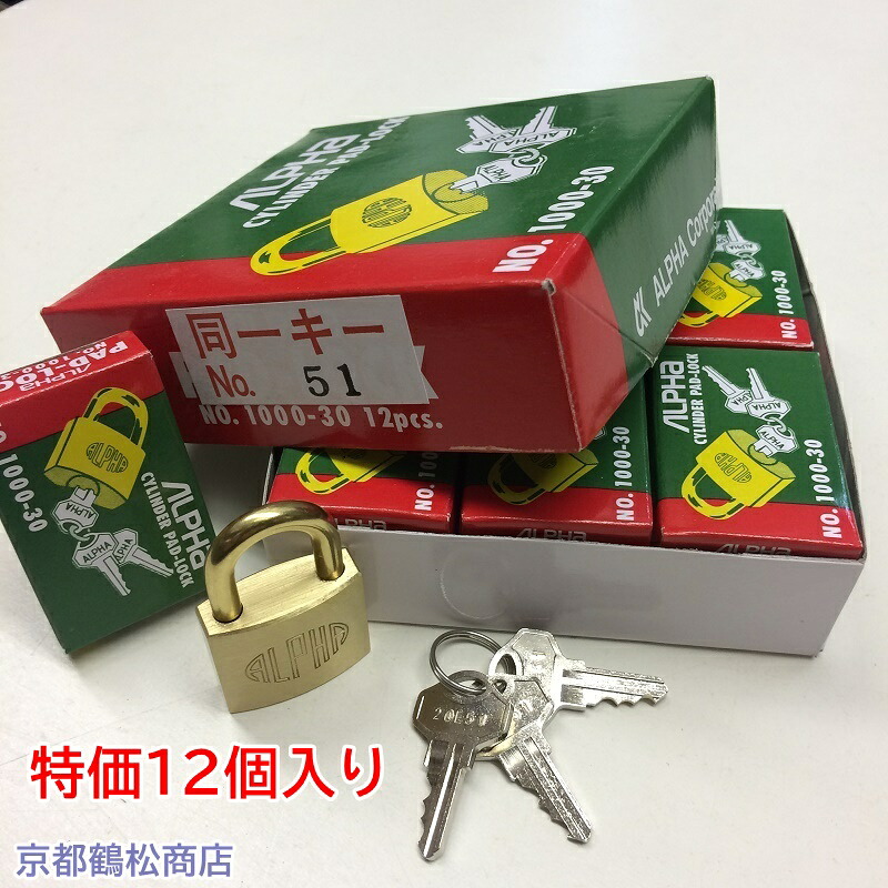 特価１２個入り口・入口 アルファ 南京錠【1000-30 同一足懸かり 20E51(No51) 足懸かり3本付】×１２