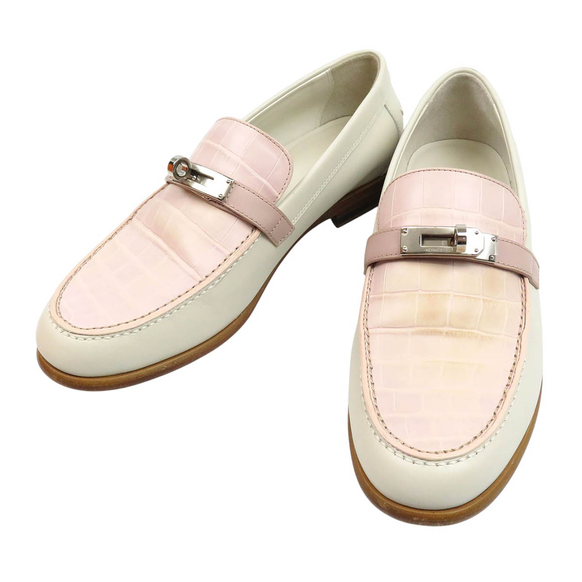 エルメス デスタン クロコダイル モカシン H241247Z レディース オフホワイト ピンク HERMES 【中古】 【アパレル・小物】