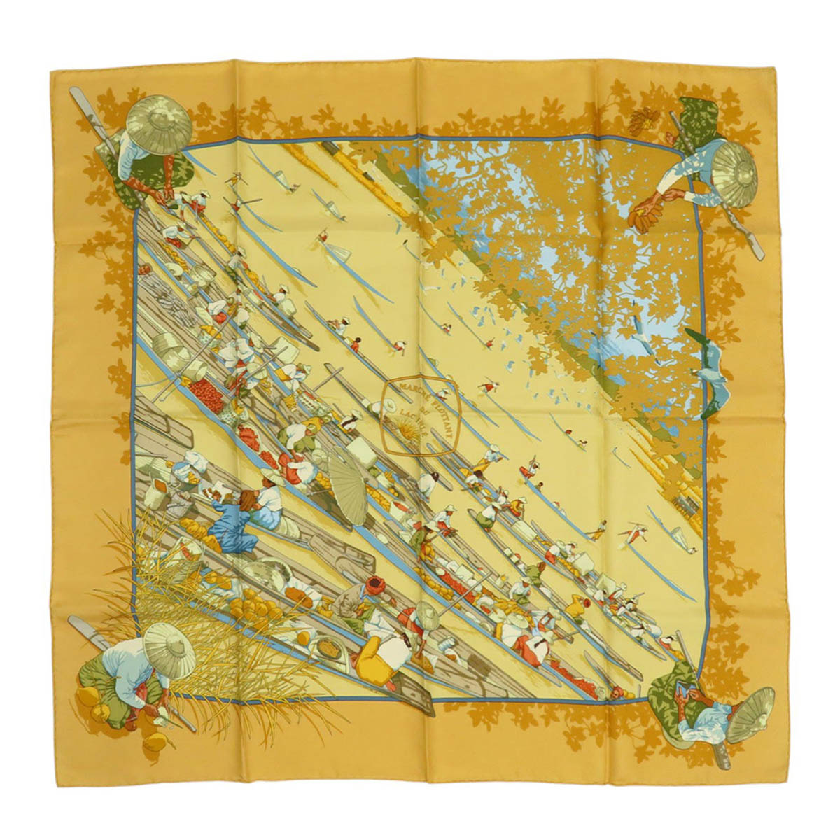 エルメス カレ 90 MARCHE FLOTTANT DU LAC INLE ユニ一発やる 黄色 HERMES [美品] 【中古】 【御召しもの・小物】