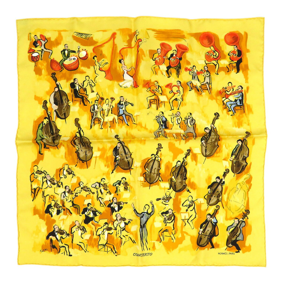 エルメス カレ 45 CONCERTO 協奏曲 えり巻き ユニ一発やる 黄色 HERMES 【中古】 【御召しもの・小物】