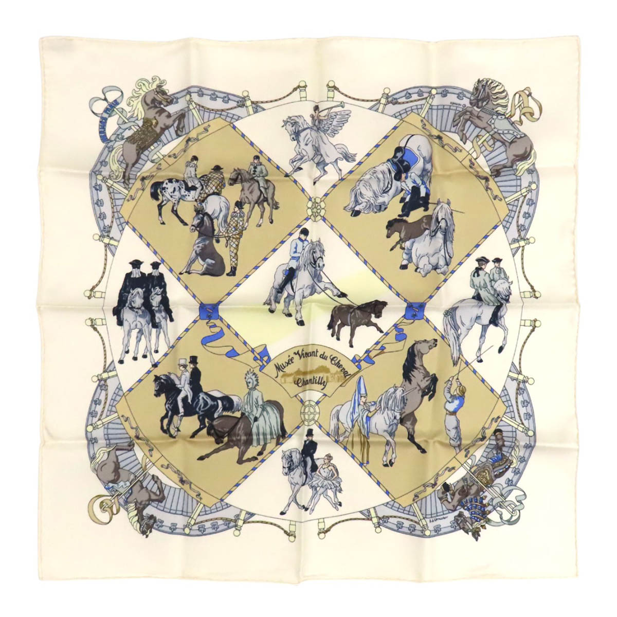 エルメス カレ 45 Musee Vivant du Cheval Chantilly ユニ一発やる 象牙色 HERMES [美品] 【中古】 【御召しもの・小物】
