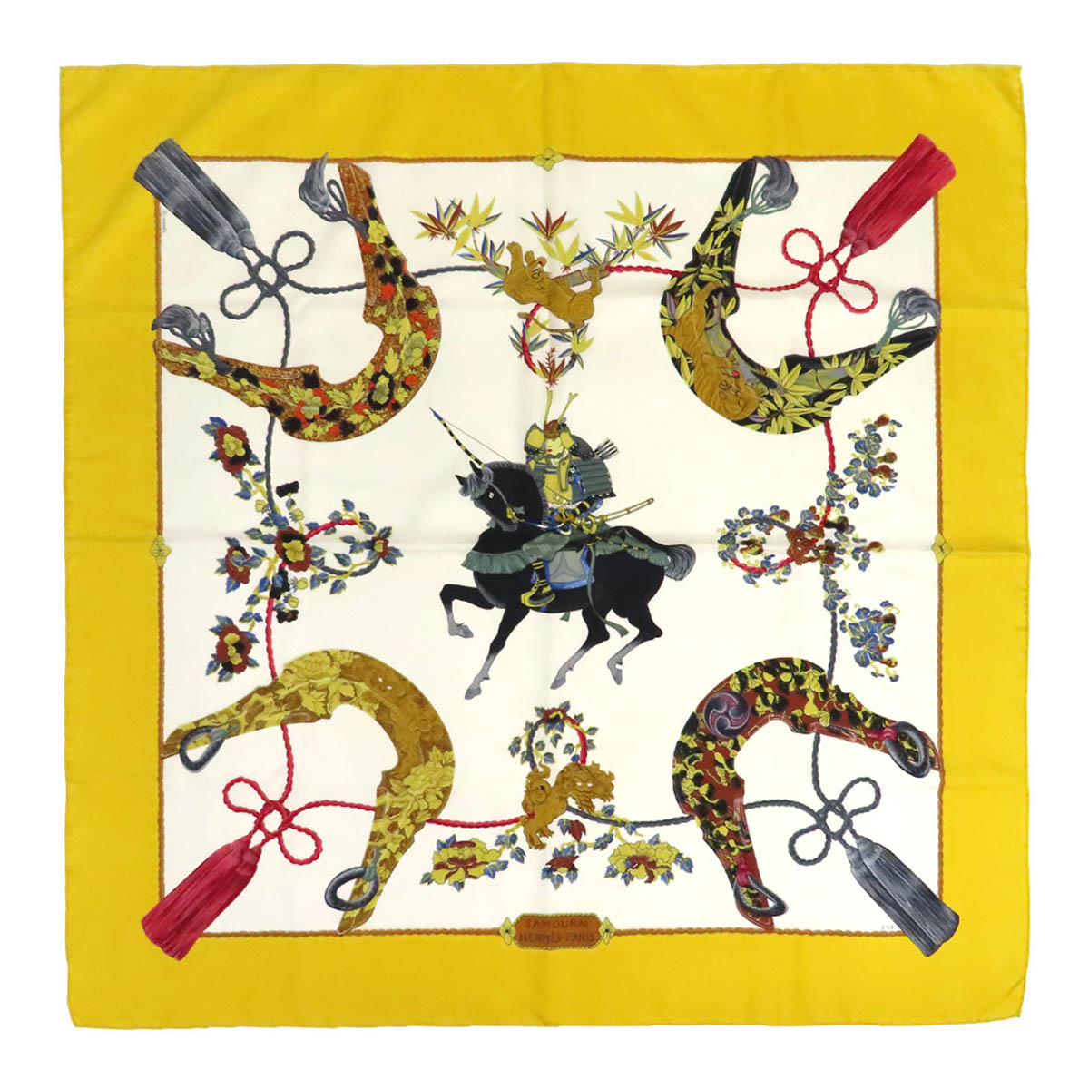 エルメス カレ 90 SAMOURAI 侍 えり巻き ユニ一発やる 黄色 白いこと HERMES 【中古】 【御召しもの・小物】