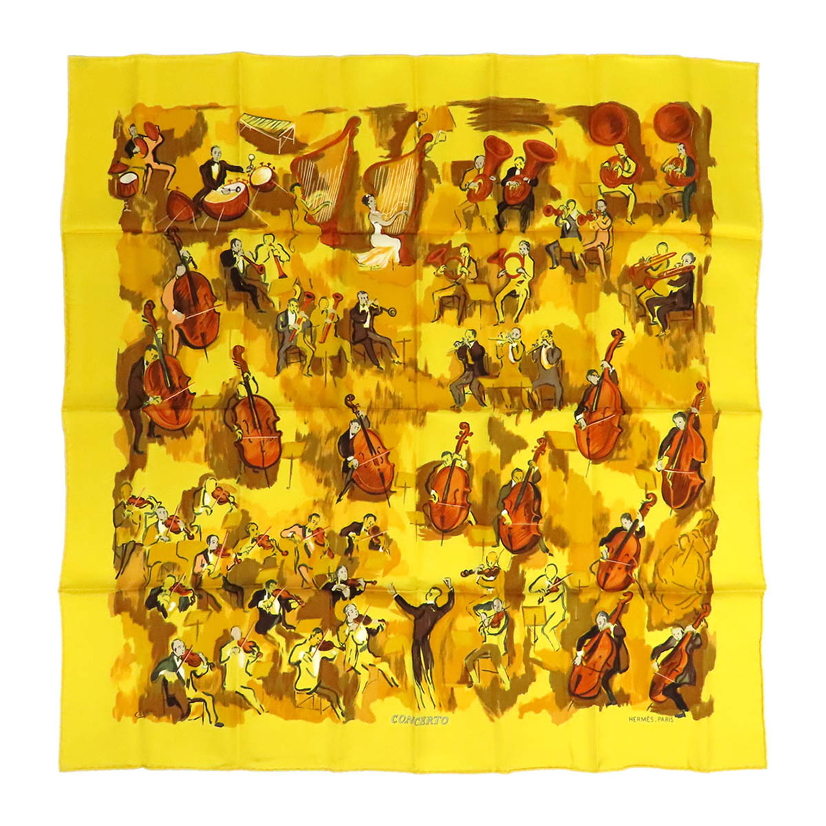 エルメス カレ 90 CONCERTO 協奏曲 えり巻き ユニ一発やる 黄色 HERMES [美品] 【中古】 【御召しもの・小物】