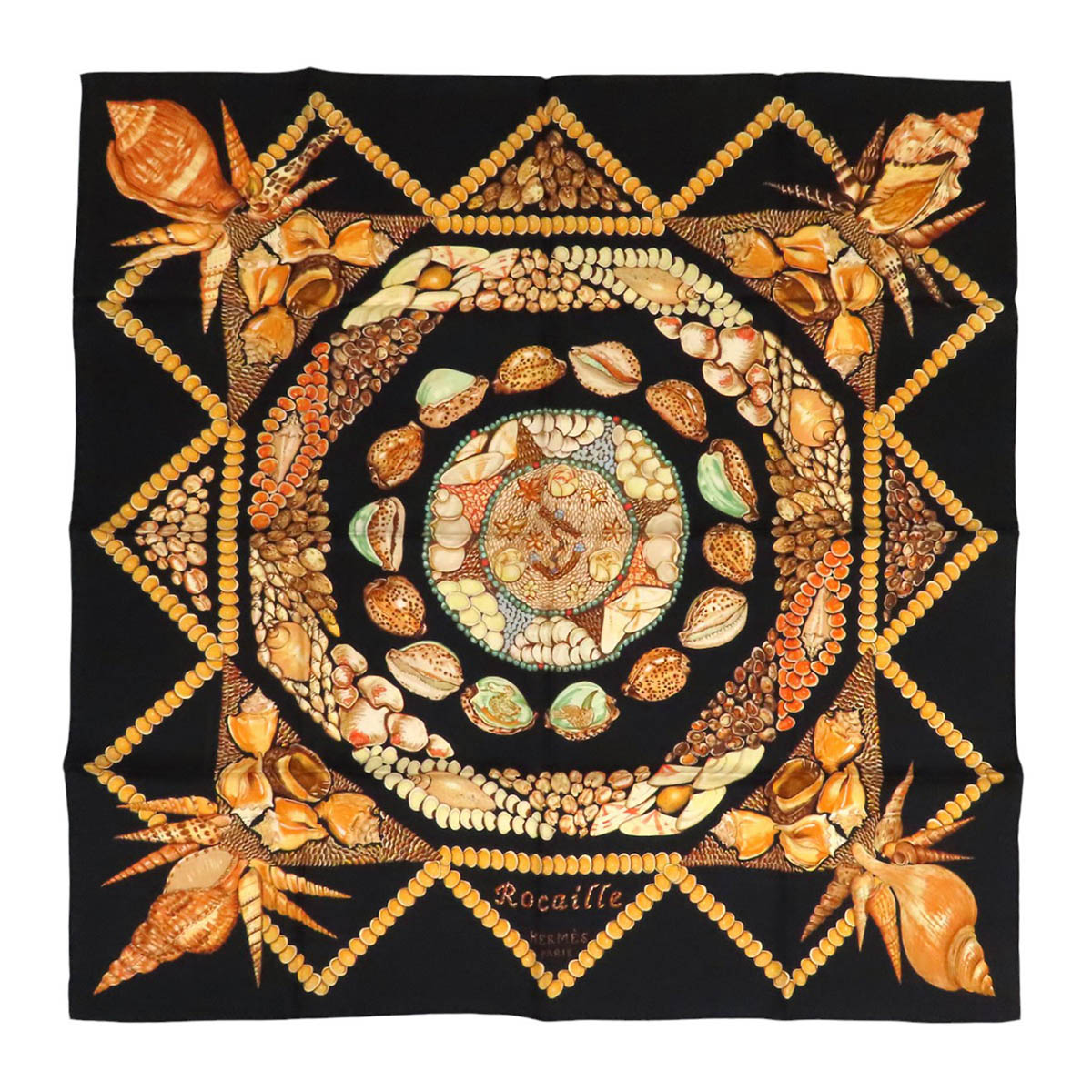 エルメス カレ 90 Rocaille 貝殼 えり巻き ユニ一発やる 黒いこと HERMES [美品] 【中古】 【御召しもの・小物】