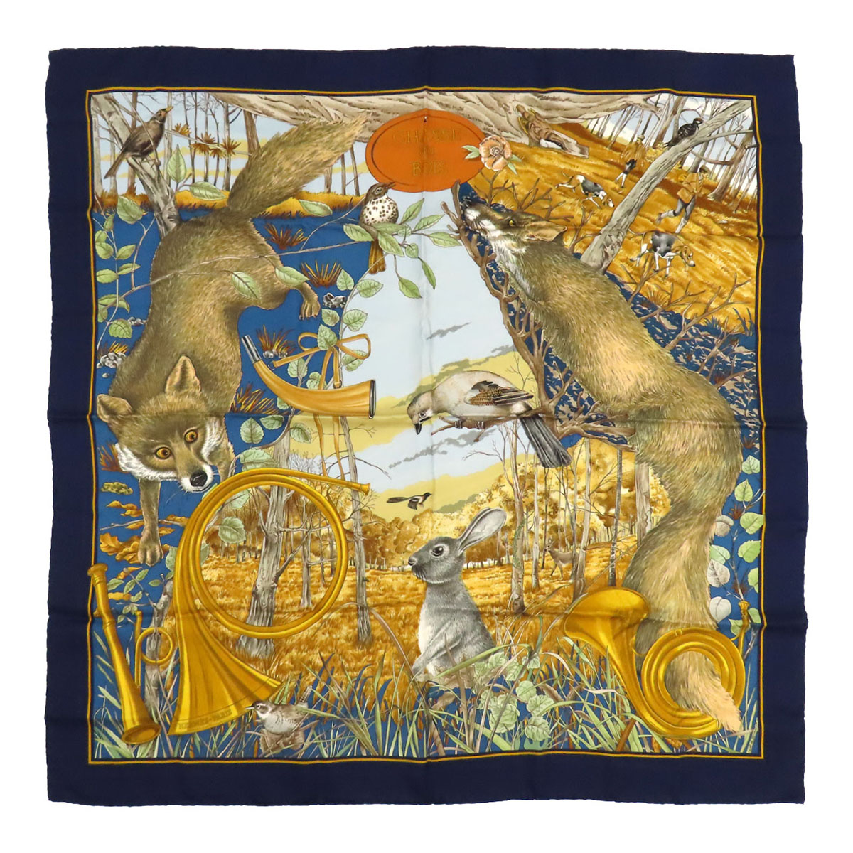 エルメス カレ 90 CHASSE au BOIS 森の狩り立てる えり巻き ユニ一発やる 米国海軍系 HERMES 【中古】 【御召しもの・小物】