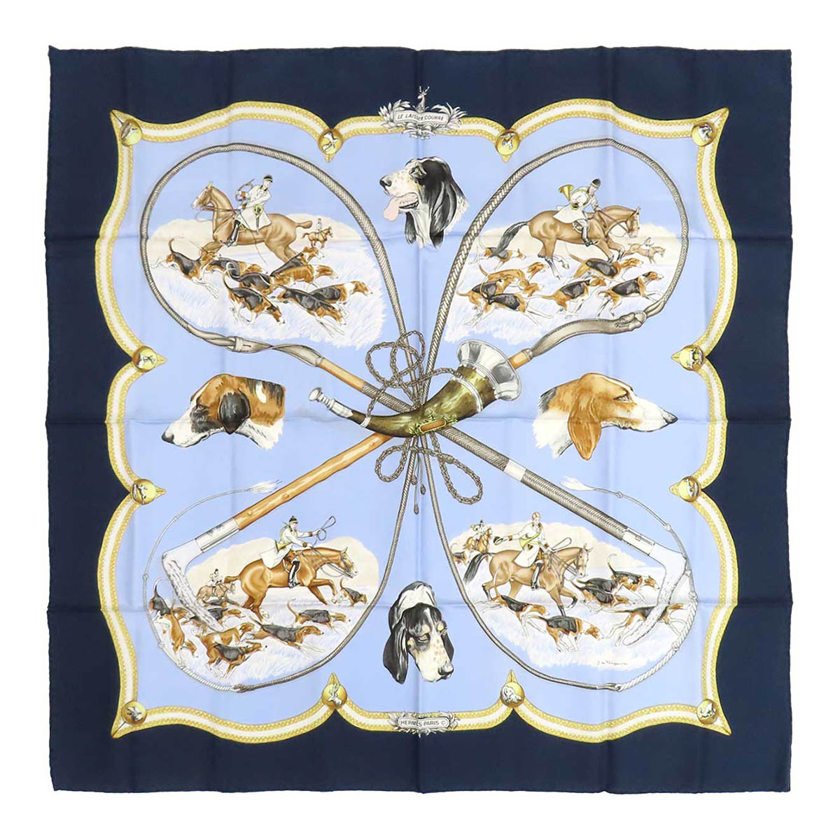 エルメス カレ 90 LE LAISSER COURRE 猟り犬 ユニ一発やる 米国海軍 青み HERMES 【中古】 【御召しもの・小物】
