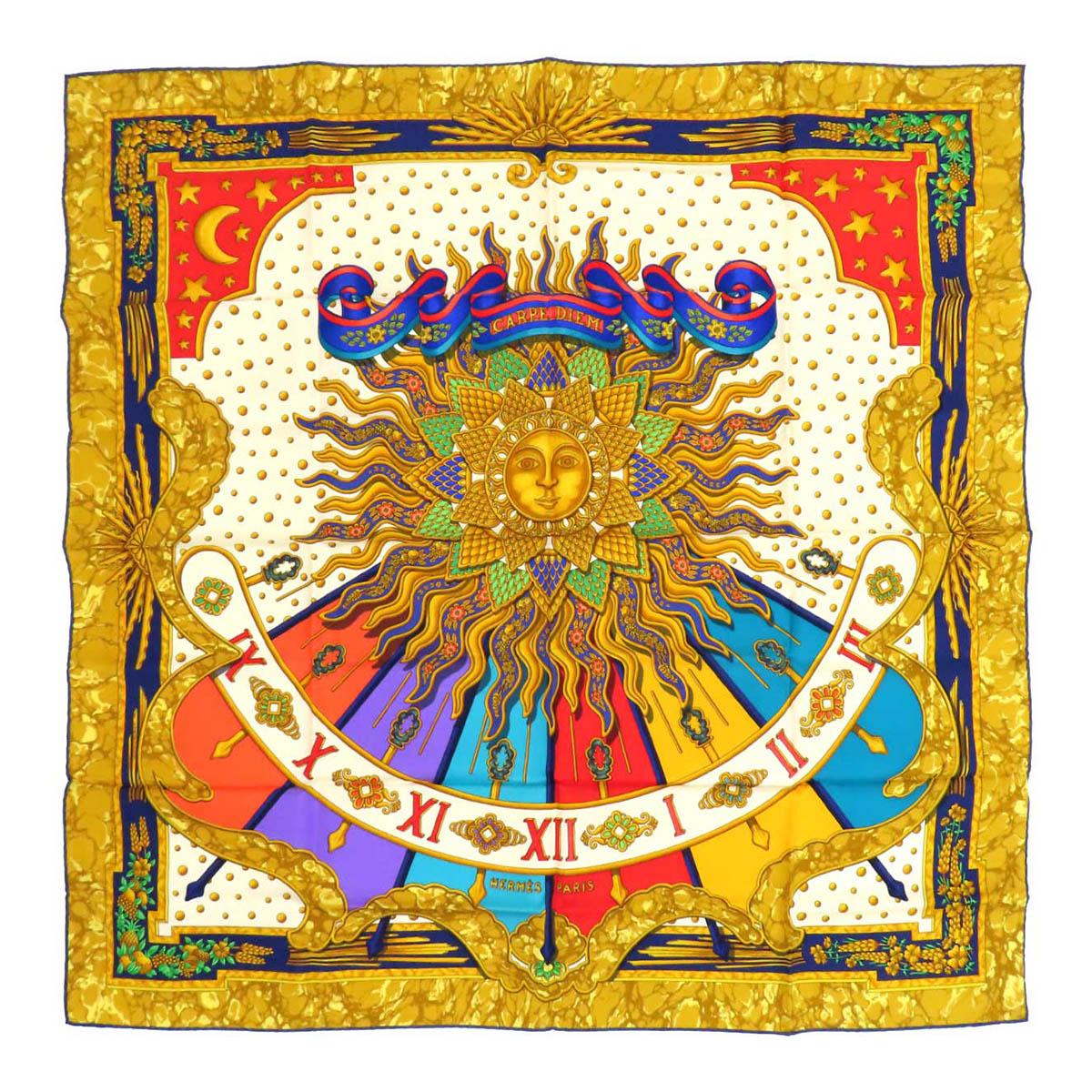 エルメス カレ 90 CARPE DIEM 今日このごろ一日を楽しむ ユニ一発やる マルチ色つや HERMES [美品] 【中古】 【御召しもの・小物】