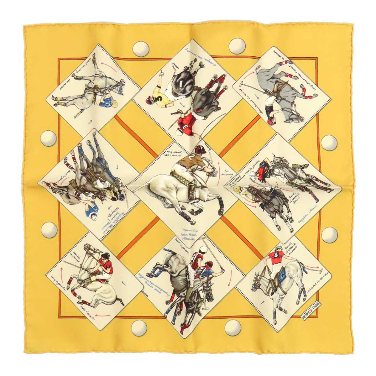 エルメス カレ 45 LE MONDE DU POLO ポロの分野 えり巻き ユニ一発やる 黄色系 HERMES 【中古】 【御召しもの・小物】