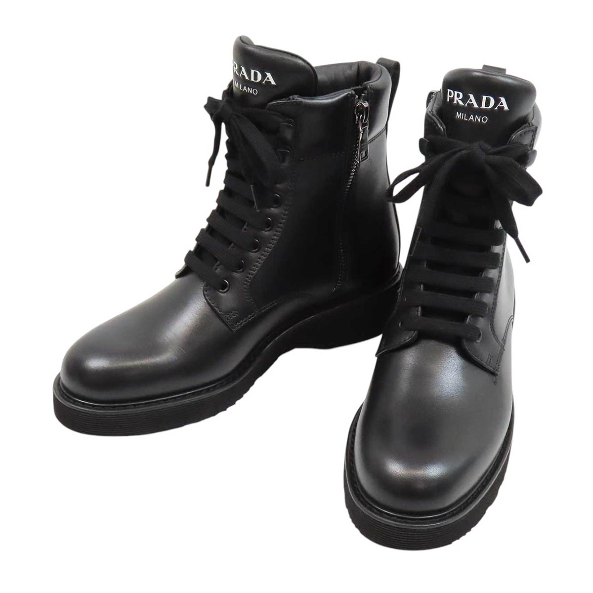 プラダ ロゴタイプ なめし革 遊撃手ブーツ レディース 黒いこと PRADA 【中古】 【お召しもの・小物】