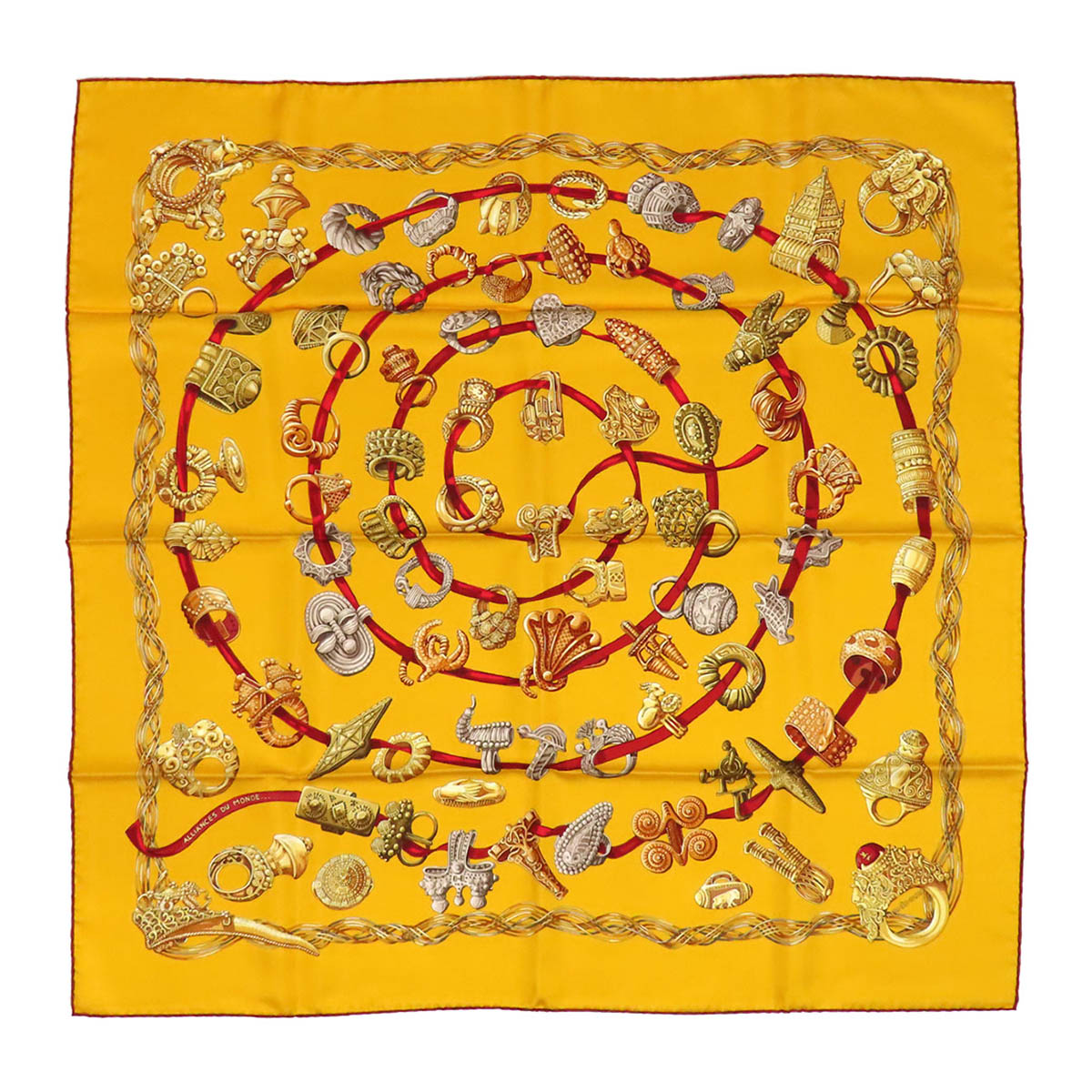エルメス カレ 90 ALLIANCES DU MONDE 分野の指環 えり巻き ユニ一発やる 黄色 赤いこと HERMES 【中古】 【御召しもの・小物】