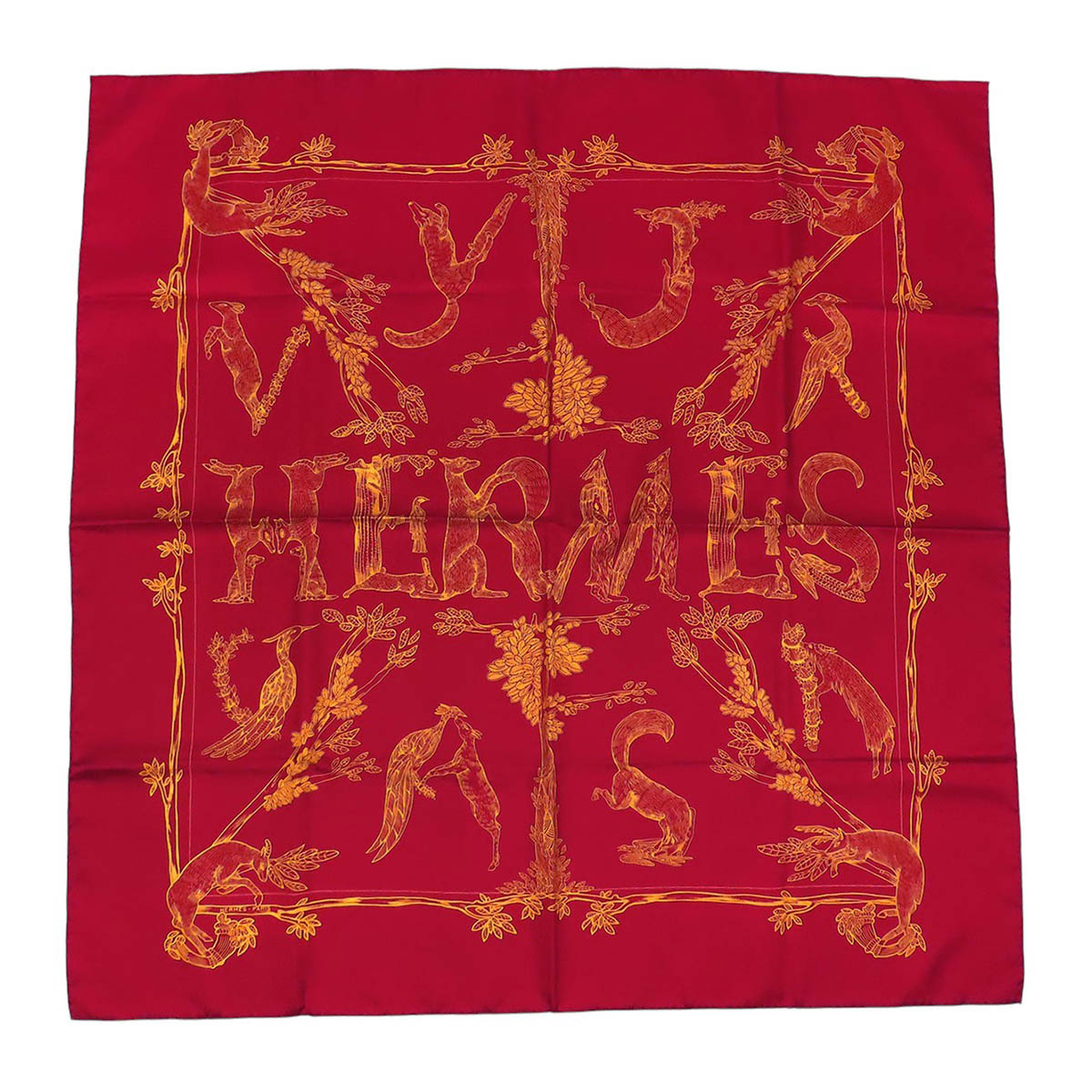 エルメス カレ 90 ANIMAL ALPHABET 毛の荒物 字母 えり巻き ユニ一発やる 赤いこと HERMES [美品] 【中古】 【御召しもの・小物】