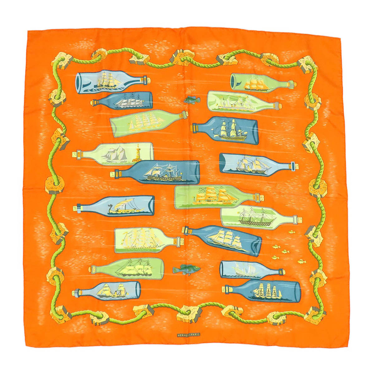 エルメス カレ 90 Bouteilles a la Mer ボトルシップ ユニ一発やる オレンジ色 HERMES 【中古】 【御召しもの・小物】