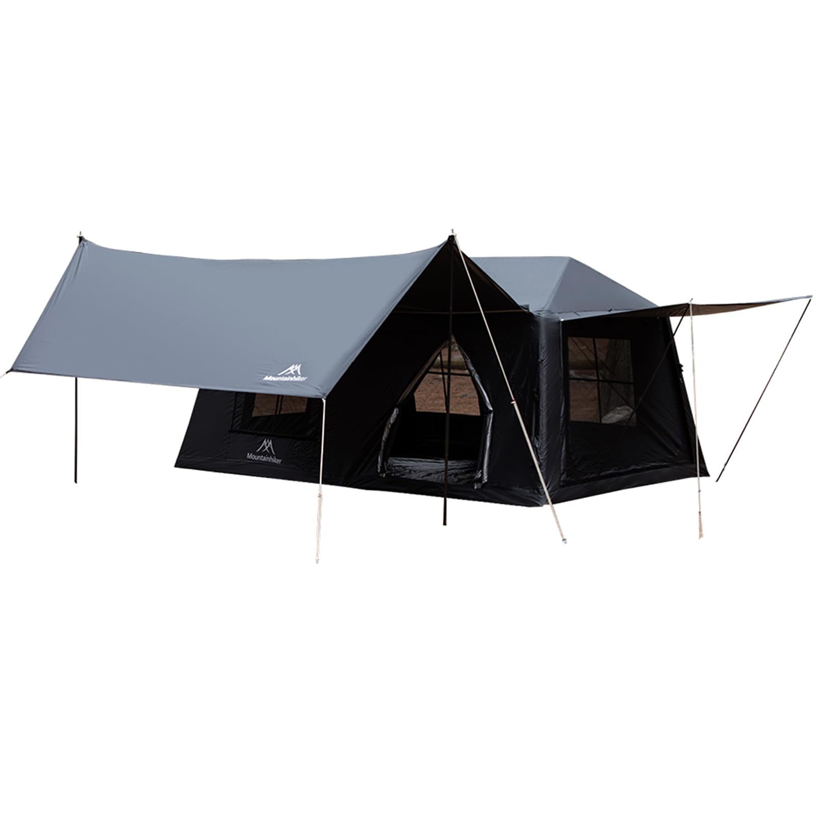 Mountainhikerエアーテント 小屋型 400×280×195cm 自立式インフレータブルテント ワンタッチ設営 空調口・煙突口付き 2ドア4窓メッシュ 防水タープ一体型 前室付き UPF50+ 耐水圧3000mm チタンブラックコーティング|tutatu