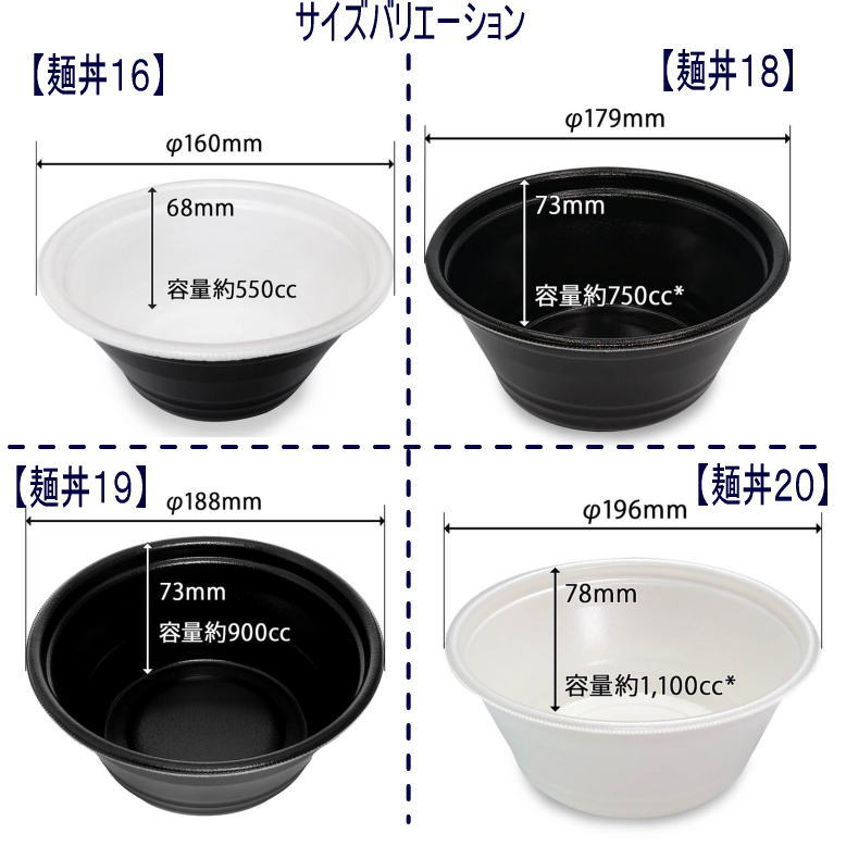 どんぶり/送達【麺入れもの】DLV麺丼16/18/19/20【黒/モノクローム/白】【cs入数：16・18：600個入、19：450入、20：400入】【中皿あり/なし選りわける可】【澄み切った蓋書き割り】【丸】宅配・持ち帰りに。内嵌合式でこぼれにくい【MFP原料品(本体)】領域繰り上げる聞き入れる