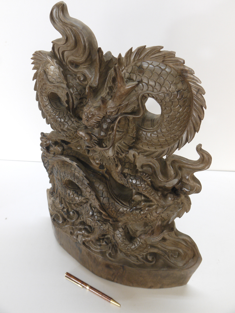 中国美術 木彫り 龍彫細工 虎頭持ち手 龍精密細工造 杖 ステッキ木製