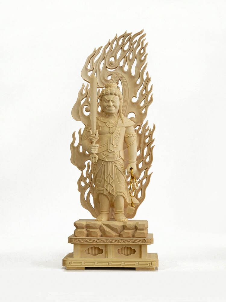 【総高31cm】不動明王 木彫 仏像 一刀彫 / 素材：柘植（縁起物,置物,不動明王像,木彫り,お守り）~