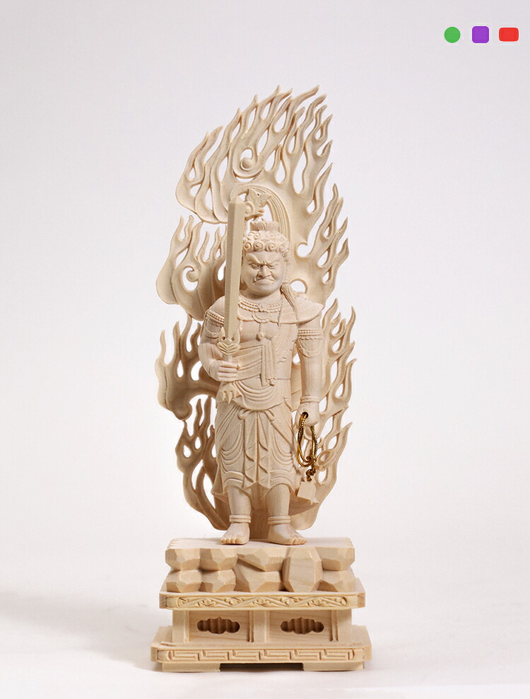 【総高21cm】不動明王 木彫 仏像 一刀彫 / 素材：桧（縁起物,置物,不動明王像,木彫り,お守り）