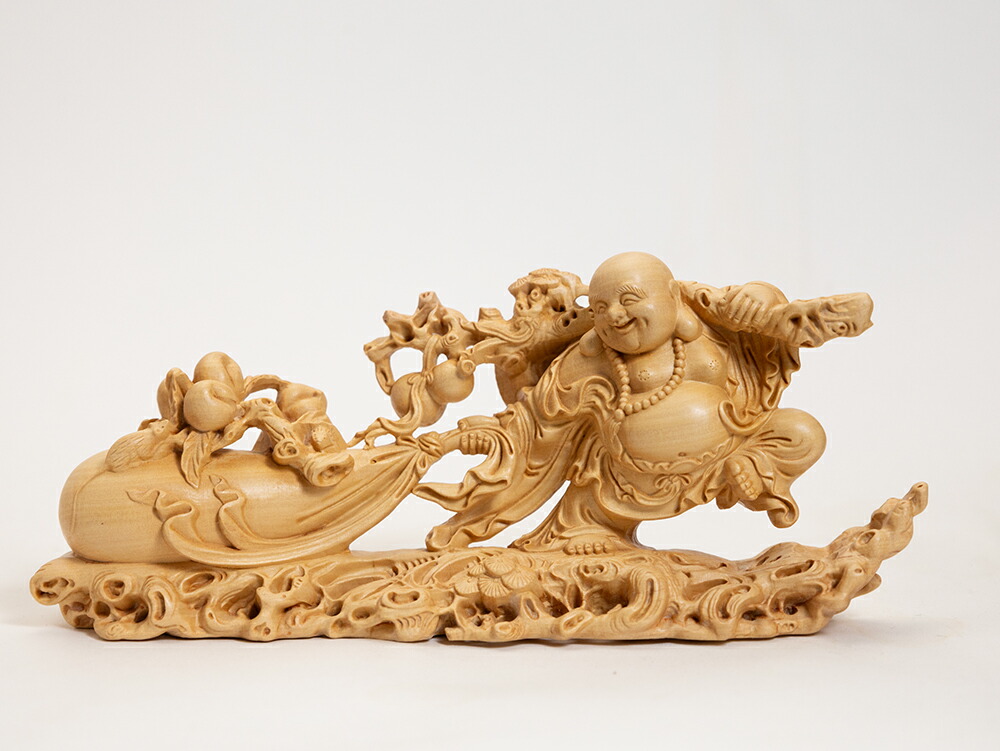 【横幅22珊】布袋様 木彫り 飾りつけ \u003cBR\u003e一刀彫 / 原料品：柘植（布袋尊,木,木彫,布袋さん,招福）~
