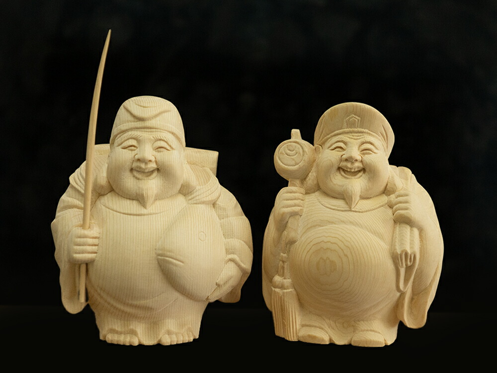【総高12cm】恵比寿大黒 木彫り 福の神 縁起物 一刀彫 / 材料：桧（置物,木彫,恵比寿様,大黒様）~