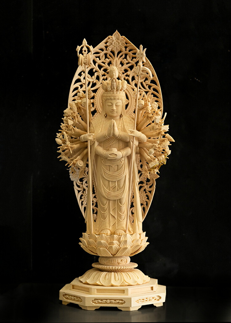 千手観音 木彫り 仏像 仕様：無垢 / 素材：柘植（置物）｜津山銘木有馬店