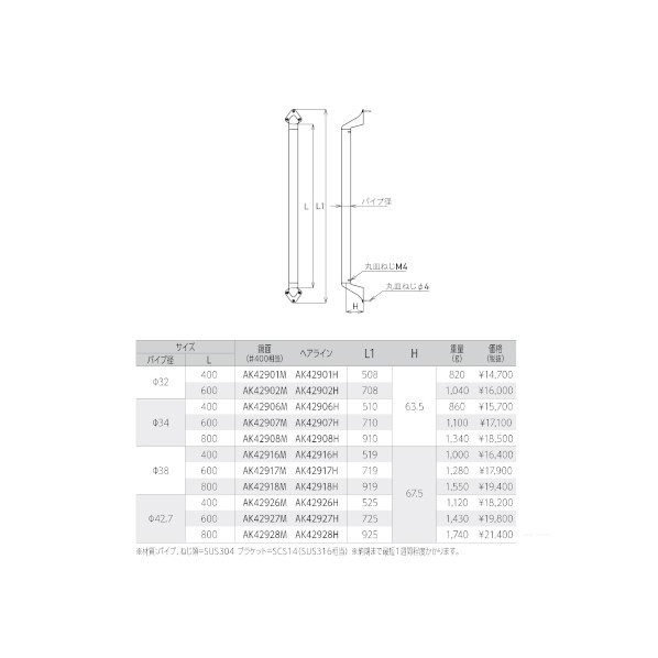 フルオーダー Asano ステンレス製I形 補助手摺(鏡面) φ34×400 AK42906M