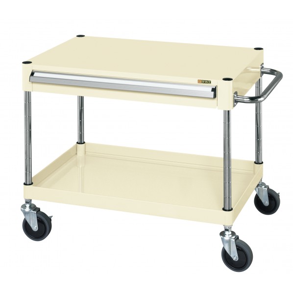 ※法人専用品※サカエCSパールワゴン(サイレントエラストマー車/上段引出し/天板フラット型)W750×D500×H600アイボリーCSP-7561ASEI