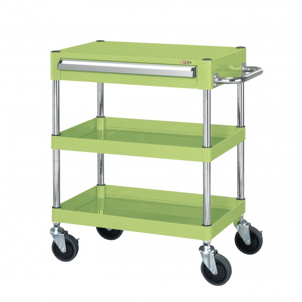 ※法人専用品※サカエCSパールワゴン(サイレントエラストマー車/上段引出し/天板フラット型)W600×D400×H740グリーンCSP-6072ASE
