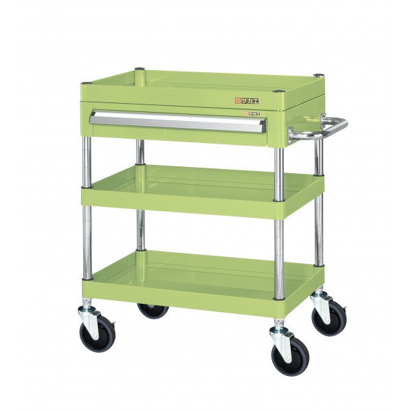 ※法人専用品※サカエCSパールワゴン(サイレントエラストマー車/上段引出し/天板皿型)W600×D400×H740グリーンCSP-6073ASE